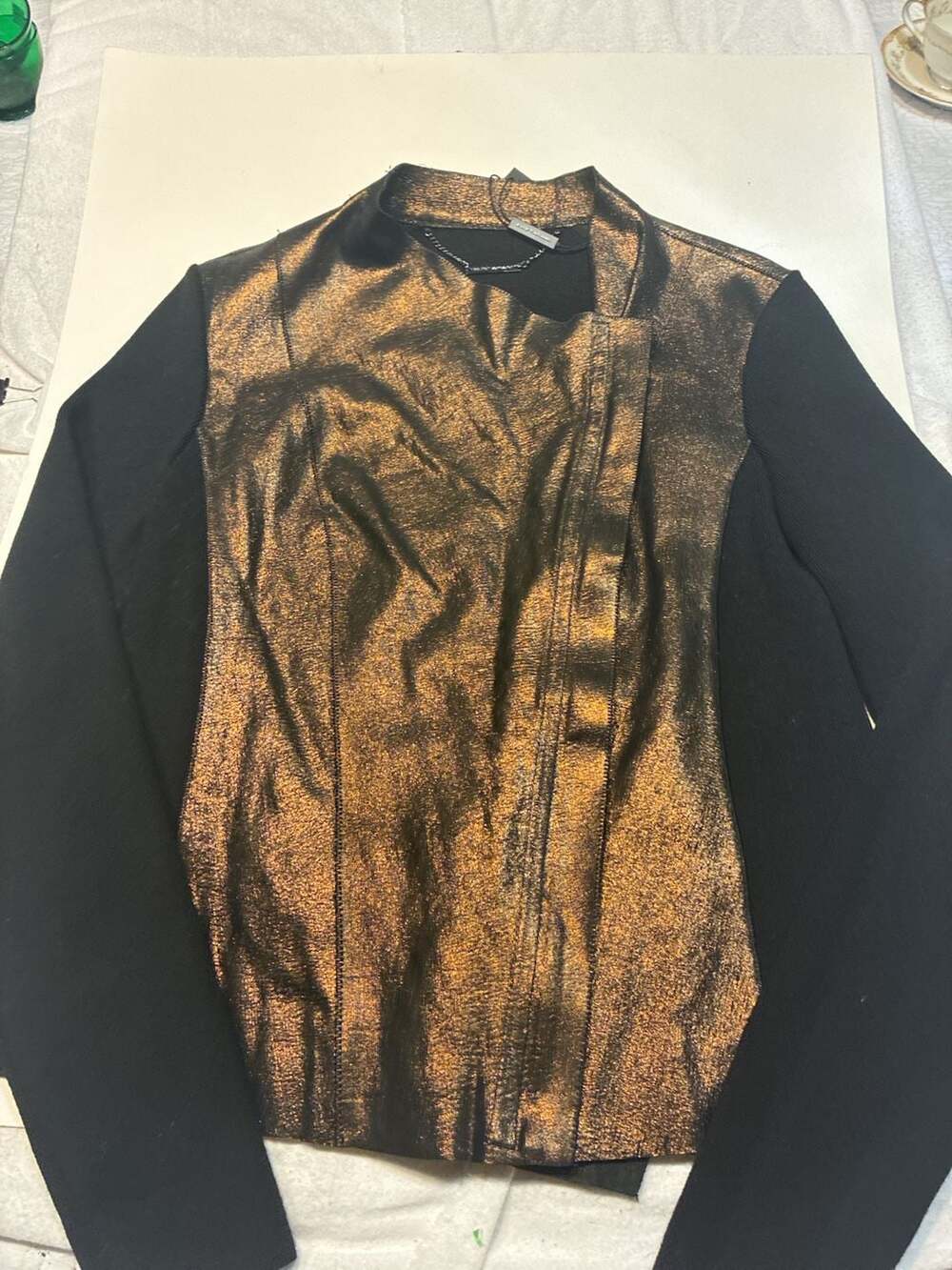 Elie Tahari Courtney Jacket Metallic Bronze Lamb Leather Merino Wool Moto